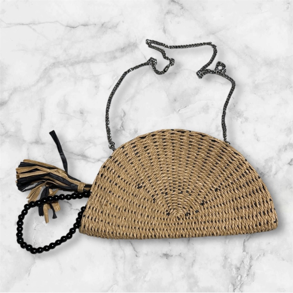 Zara Half Moon Crossbody Bag Woven Tan Clutch with removable chain Strap